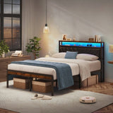 Full Size Metal Platform Bed Frame with Adjustable Upholstered Headboard, Charging Station, LED W1903P195321