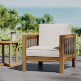 Outdoor Acacia Wood Club Chair with Wicker Accents, Teak Finish Mixed Brown Beige, 30.25"D x 68942.00BGE