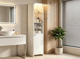 White Freestanding Bathroom Tall Storage Cabinet with Dimmable LED Light & Remote Control, Narrow 45263480