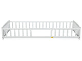 Twin Size Floor Fence Bed with Central Entrance,Pine Wood Floor bed with Guardrails,White W504P425956