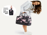 Canvas Weekender Bag, Overnight Travel Carry On Duffel with Shoe Pouch and Toiletry Bag-Black Flower 96940472