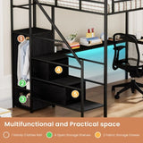 Full Metal Loft Bed with L-shaped Desk, LED Lights, Charging Cradle, LED Loft Bed Frame, Full 88987362