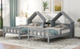 Double Twin Size Platform Bed with House-shaped Headboard and a Built-in Nightstand, Grey WF306928AAE