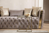 Button Tufted Sofa with Velvet Fabric and Gold Accent in Taupe B00961115