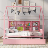 ZNTS Wooden Full Size House Bed with Trundle,Kids Bed with Shelf,Pink WF297070AAH