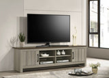 Nyla 68.5"W Gray Oak TV Stand with Shelves and Cabinet Doors B061P234543