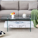 43.3 Inch Modern Two-Tier Coffee Table - Clear Tempered Glass and White Marble Texture, W1151P232633