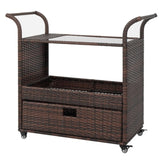 ZNTS Outdoor Patio Wicker Rattan Serving Bar Cart Sideboard On Wheels Brown Gradient 72384423