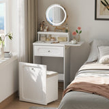 White Makeup Vanity Desk with Round Mirror and Lights, 2 in 1 Nightstand, Dressing Table with a W1706P236679