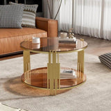 Modern Brown Glass Coffee Table, Asymmetrical Metal, Circular Metal Drum Base, Gold Finish & Lower N735P177478D