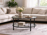 2-Tier Round Coffee Table, Glass Top, Iron Frame, 25.6"25.6"19.3", Matte Black 19047100