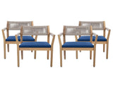Braided Acacia Wood Outdoor Dining Chairs Set of 2 Teak Look with Beige Rope & Navy Cushions, N770P286668N