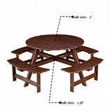 ZNTS Outdoor 8 Person Picnic Table, 8 person Round Picnic Table with 4 Built-in Benches, Umbrella Hole, 83910162