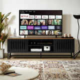 63 Inch Mid Century Modern TV Stand with Slatted Grille Striped Doors, TV Stand with Storage, W578P193305