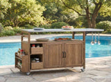 54.33" Farmhouse Rolling Outdoor Kitchen Cart, Solid Wood Frame with Stainless Steel Top, Spice N767P528183A