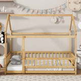 Twin Size House Floor Wooden Bed with Roof Frame,Safety Guardrails,Natural W504P286404
