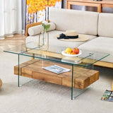 43.3 Inch Modern Two-Tier Coffee Table - Clear Tempered Glass and Natural Wood Grain, W1151P232622