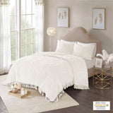 Tufted Cotton Chenille Medallion Fringe Coverlet Mini Set Off-White Twin/Twin XL B03597572