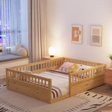 ZNTS Full Floor Bed Frame with Fence, Wood Kids Floor Beds Frame for Bedroom Playroom,Natural W2593P164752