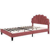 Queen Size Upholstered Platform Bed with Flower Pattern Velvet Headboard, Bean Paste Red WF305291AAH
