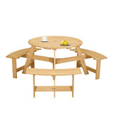 ZNTS Outdoor 6 Person Picnic Table, 6 person Round Picnic Table with 3 Built-in Benches, Umbrella Hole, W2275P149762