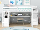 Full Size Loft Bed with Desk and Shelves, Two Built-in Drawers, Storage Staircase, White 48024197