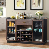 Double Glass Door with Single Drawer and 12-Bottle Wine Rack Sideboard in Black Frame Gray-Brown 56154679