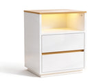 High Gloss White & Oak Two-Tone Nightstand, RGB Light, US Power Outlet, 2 Drawers 37462022