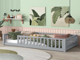 Twin Size Floor Bed with Fence without Door, Rubber Wood Floor Bed with Safety Guardrails,Grey W504P296793