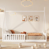 Twin Size Wood House Bed with Fence, White 28986741
