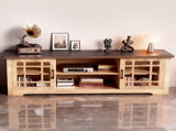 57.87 Inch TV Stand with Deep Brown Top & Natural Wood Cabinet - Double Glass Door Media Console, 81661813