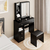 ZNTS Small Space Left Drawer Desktop Vanity Table + Cushioned Stool, Extra Large Right sliding mirror, 33856861