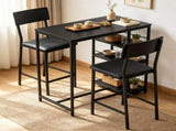 Bar Table and Stool Set 1 Table 2 Stools, Black Wood Grain MDF Tabletop & Gold Metal Frame, Padded 27543993