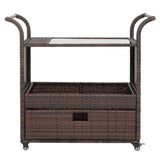 ZNTS Outdoor Patio Wicker Rattan Serving Bar Cart Sideboard On Wheels Brown Gradient 72384423