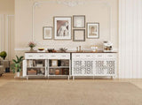 Vintage Sideboard Buffet Cabinet with Hand-Carved Geometric Doors, Distressed Light Wood Finish with W688P360028