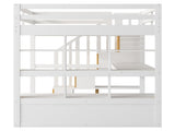 Full Size Loft Bed with Desk and Shelves, Two Built-in Drawers, Storage Staircase, White and Natural 04858801