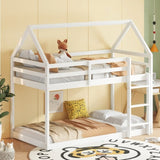 Twin over Twin Rubber Wood Floor Bunk Bed, with ladder,Guardrails,House-Shaped-Bunk Bed,White W504P206864