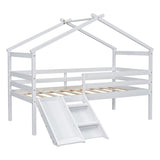 ZNTS Twin Low Loft House Bed with Slide, Ladder, Safety Guardrails, House Roof Frame,White 99079032