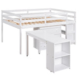 ZNTS Low Study Full Loft Bed with Cabinet ,Shelves and Rolling Portable Desk ,Multiple Functions Bed 61444052