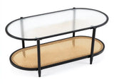 Oval 2-Tier Coffee Table, 37.8" x 19.7" x 18.1", Fluted Glass & PE Rattan 78161674