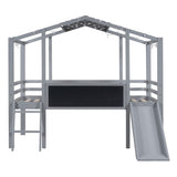 Twin Size Loft Bed with Ladder and Slide, House Bed with Blackboard and Light Strip on the Roof, WF324323AAE