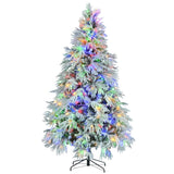 7.5FT Pre-Lit Spruce Snow Flocked Christmas Tree, Artificial Hinged Xmas Tree with 350 Multi-Color N704P199476A