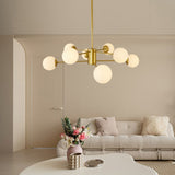 Modern 8-Light Gold Chandelier with White Glass Globe Shades, Mid-Century Branching Design, Elegant W1340P211849