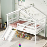 ZNTS Twin Low Loft House Bed with Slide, Ladder, Safety Guardrails, House Roof Frame,White W504P145316