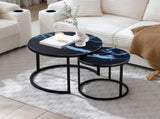 Set 2 Coffee Table Nesting Black top Black Frame Circular Round and Marble Pattern Wooden Tables, 62287079