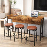 3-Drawer Long Dining Table Set with Power Outlets, Bar Kitchen Table Set with Circular PU Stools, W757134229