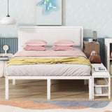 Full size Metal Platform Bed with Two-Tier Storage Shelves, Wooden Storage Cabinet, White N737P199334K
