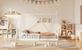 Twin Size Wood House Bed with Fence, White N709P183348K