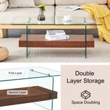 ZNTS 43.3 Inch Modern Two-Tier Coffee Table - An Elegant Combination of Clear Glass and Dark Wood Texture W2920P226069