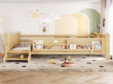 Full Size Floor Bed with Storage Bookcases, Solid Wood Kids Floor Bed with Cute Stairs and W1580P430186